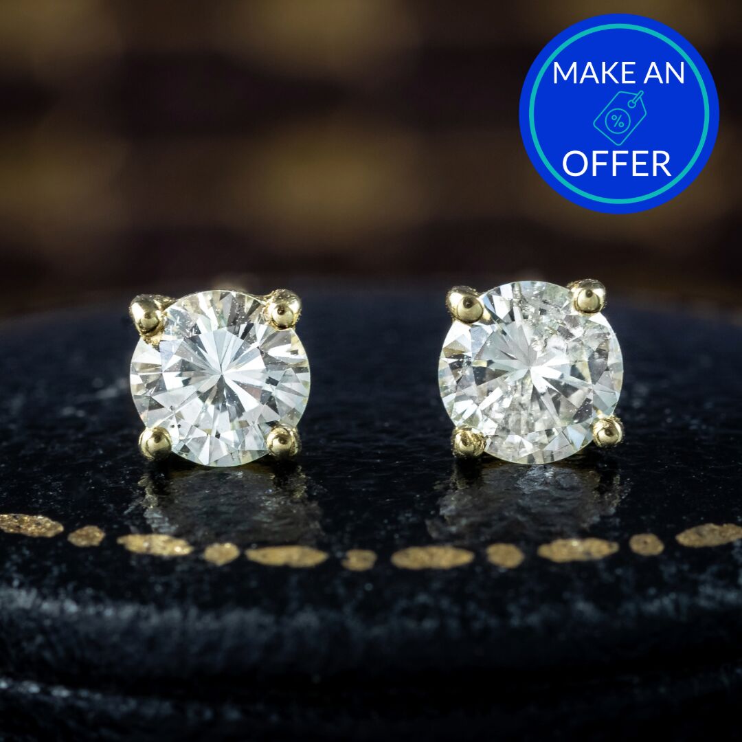 Vintage Diamond Solitaire Stud Earrings 18ct Gold 0.66ct Total