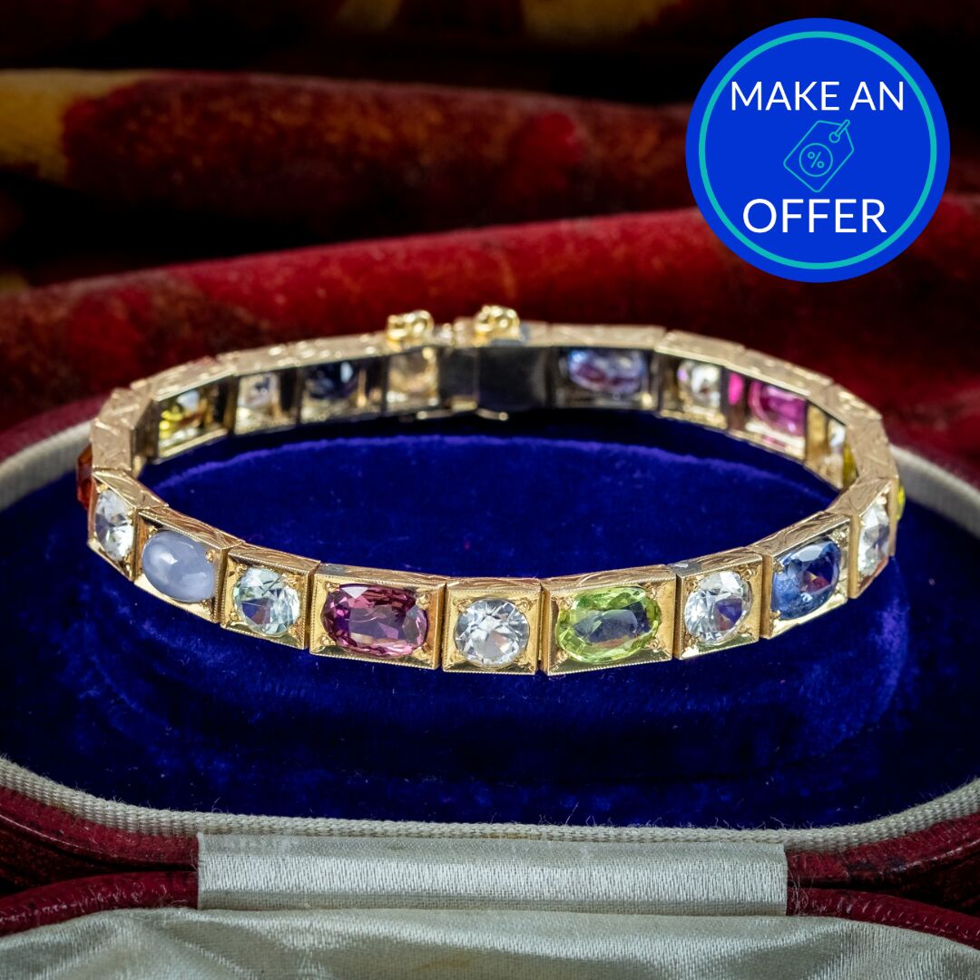 Antique Victorian Gemstone Harlequin Bracelet Silver 18ct Gold Gilt
