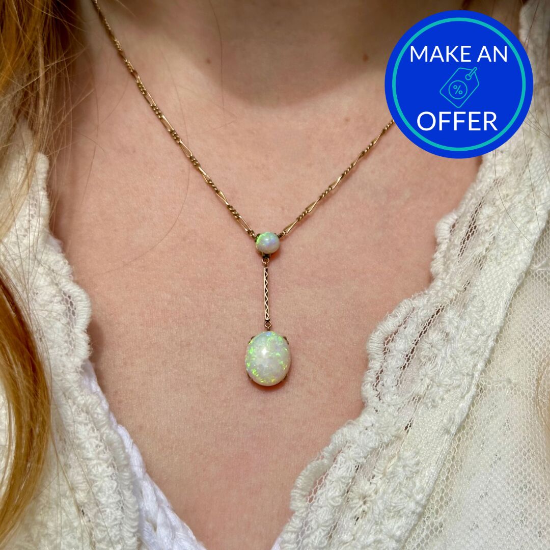 Antique Edwardian Opal Lavaliere Necklace 9ct Gold