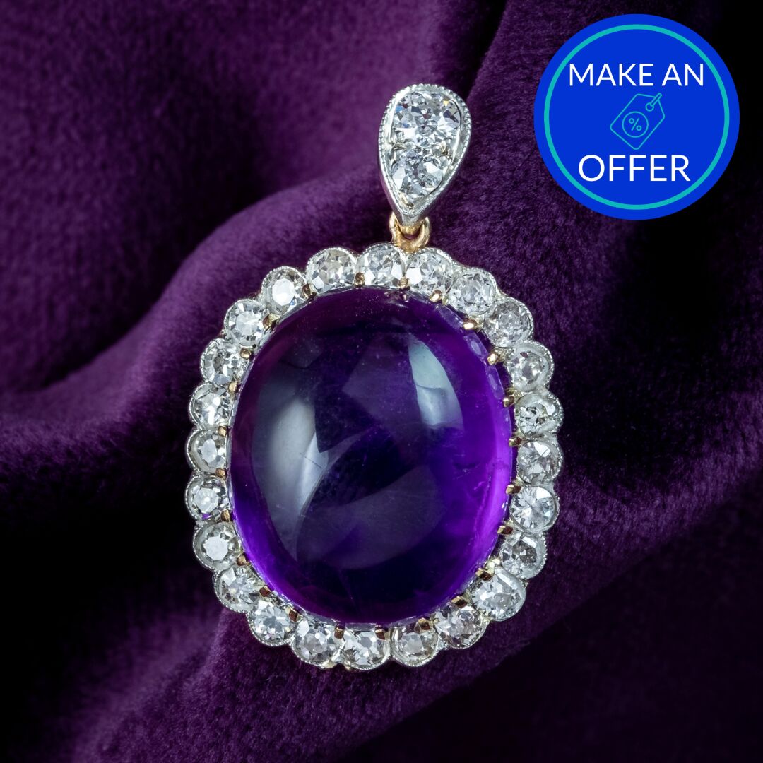 Antique Edwardian Cabochon Amethyst Diamond Pendant 16ct Amethyst