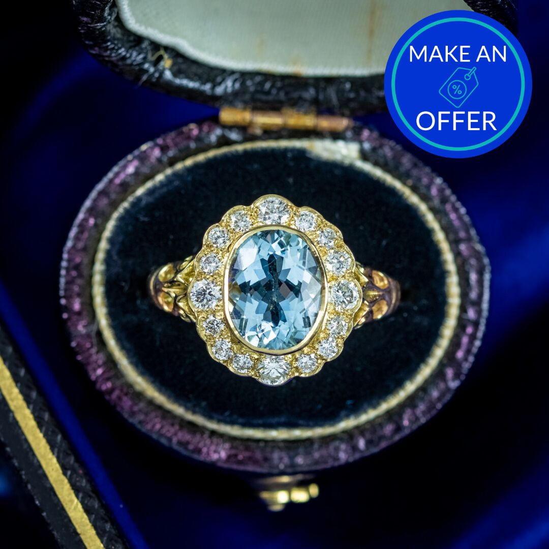 Victorian Style Aquamarine Diamond Cluster Ring 2.5ct Aqua