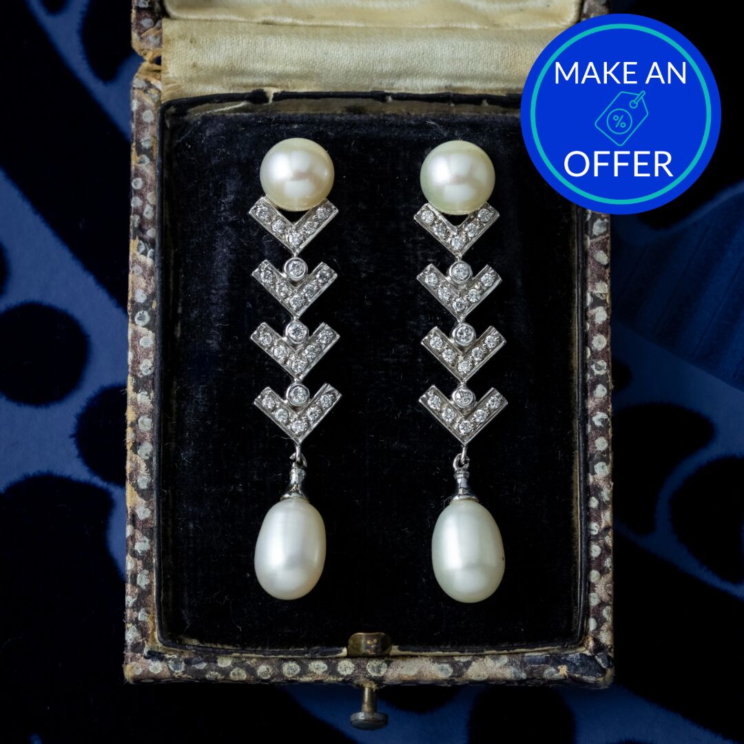 Art Deco Style Pearl Diamond Chevron Drop Earrings 18ct Gold 0.60ct Total