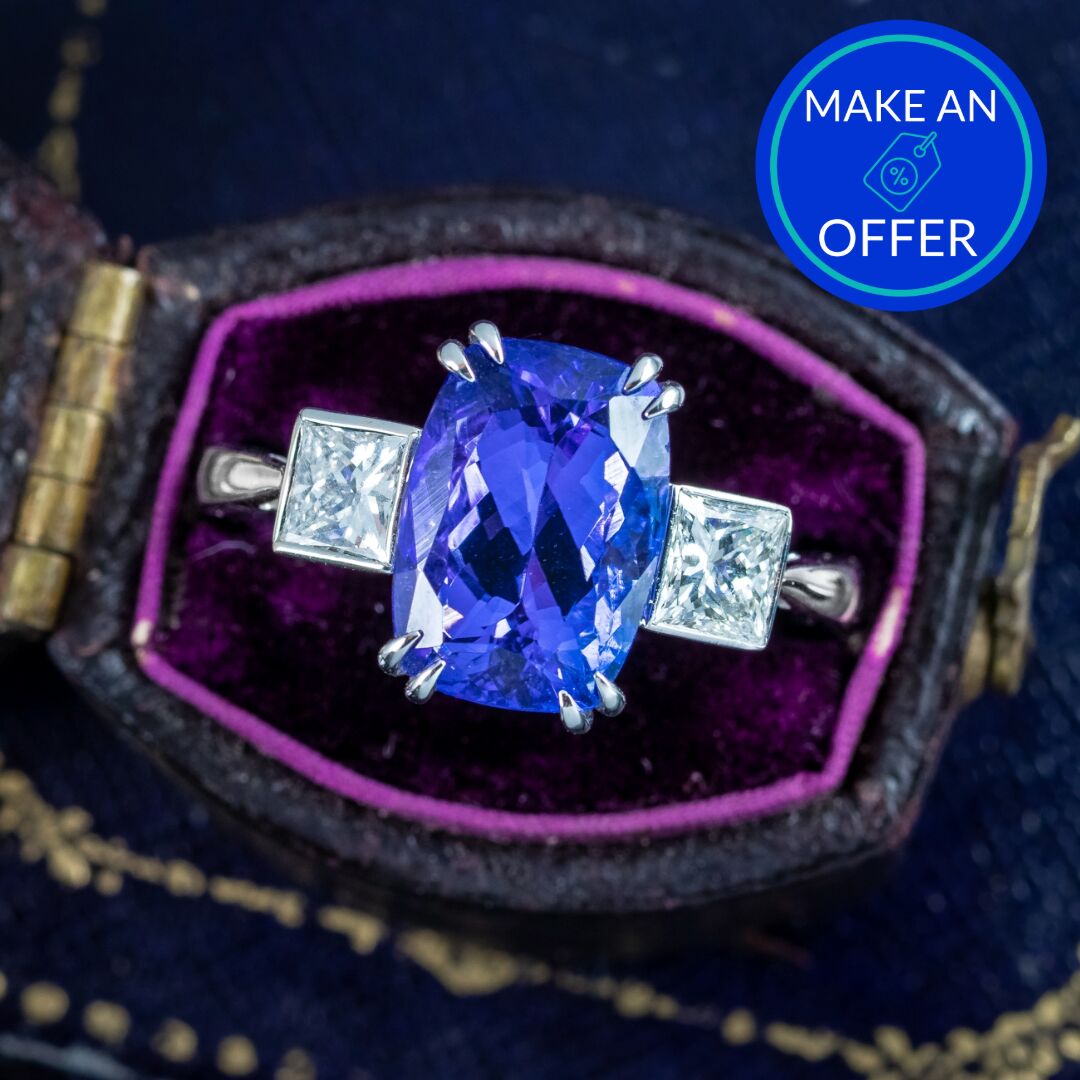 Art Deco Style Tanzanite Diamond Trilogy Ring 4.29ct Tanzanite