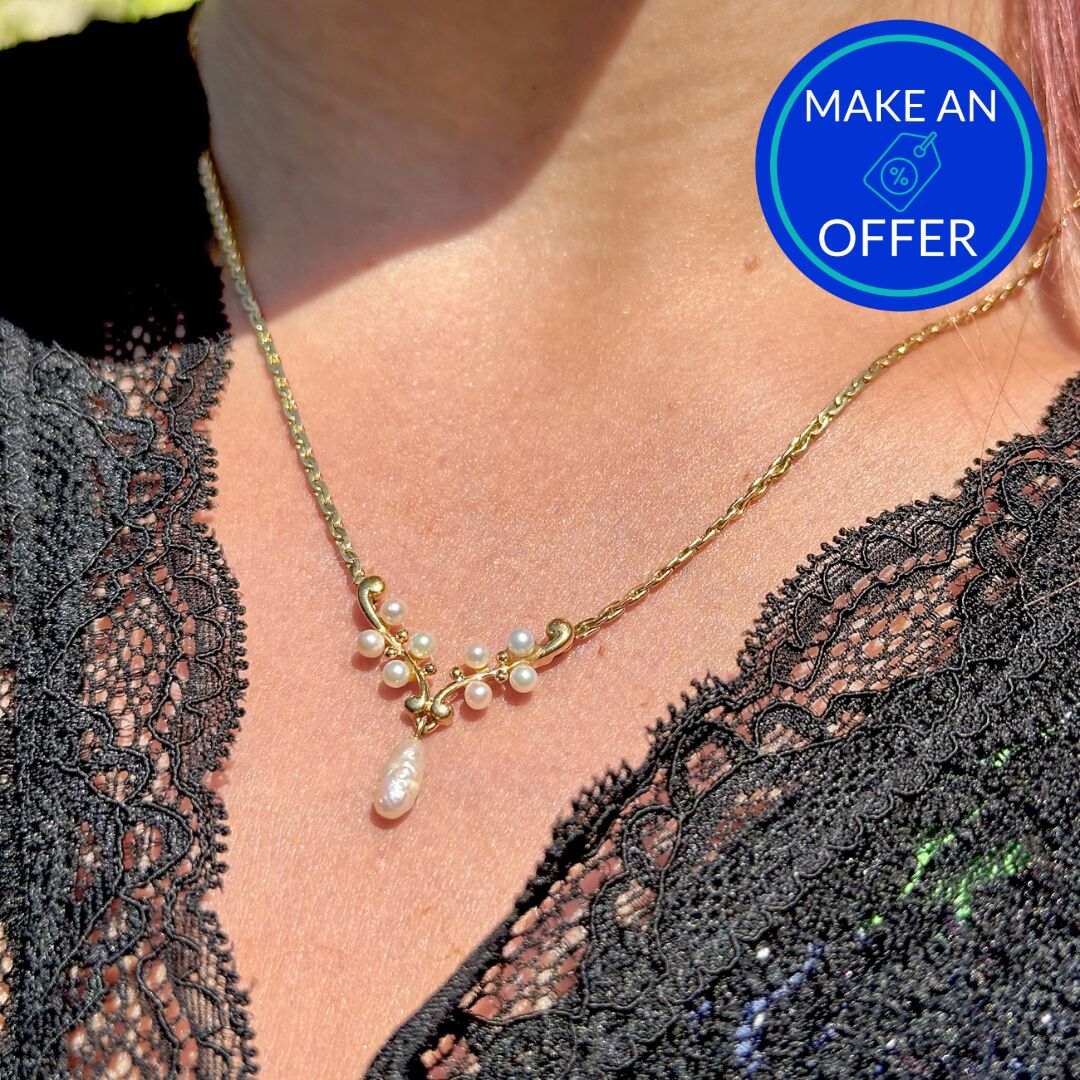 Vintage Baroque Pearl Lavaliere Necklace 9ct Gold