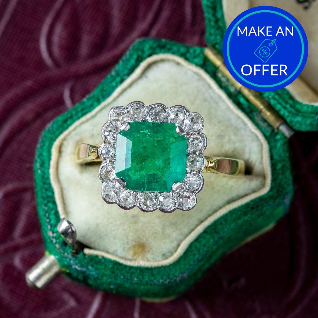 Vintage Emerald Diamond Cluster Ring 3.65ct Emerald Dated 1977