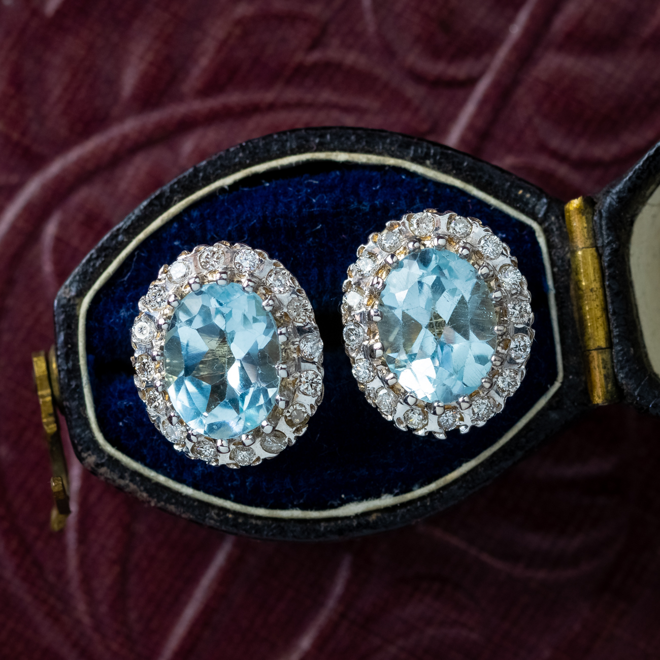 Victorian Style Blue Topaz Diamond Stud Earrings 9ct Gold