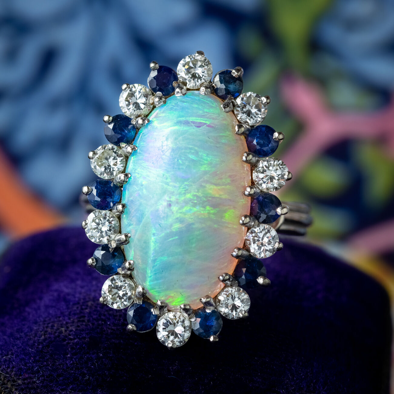 Vintage Opal Sapphire Diamond Cluster Cocktail Ring 6ct Opal