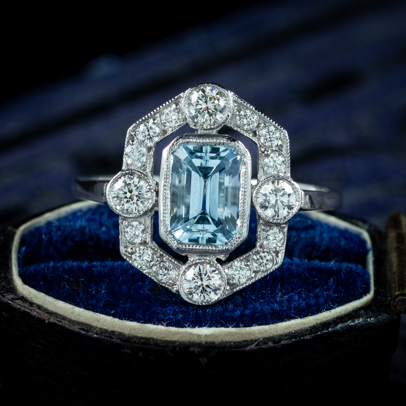 Art Deco Style Aquamarine Diamond Cluster Ring 0.90ct Aqua