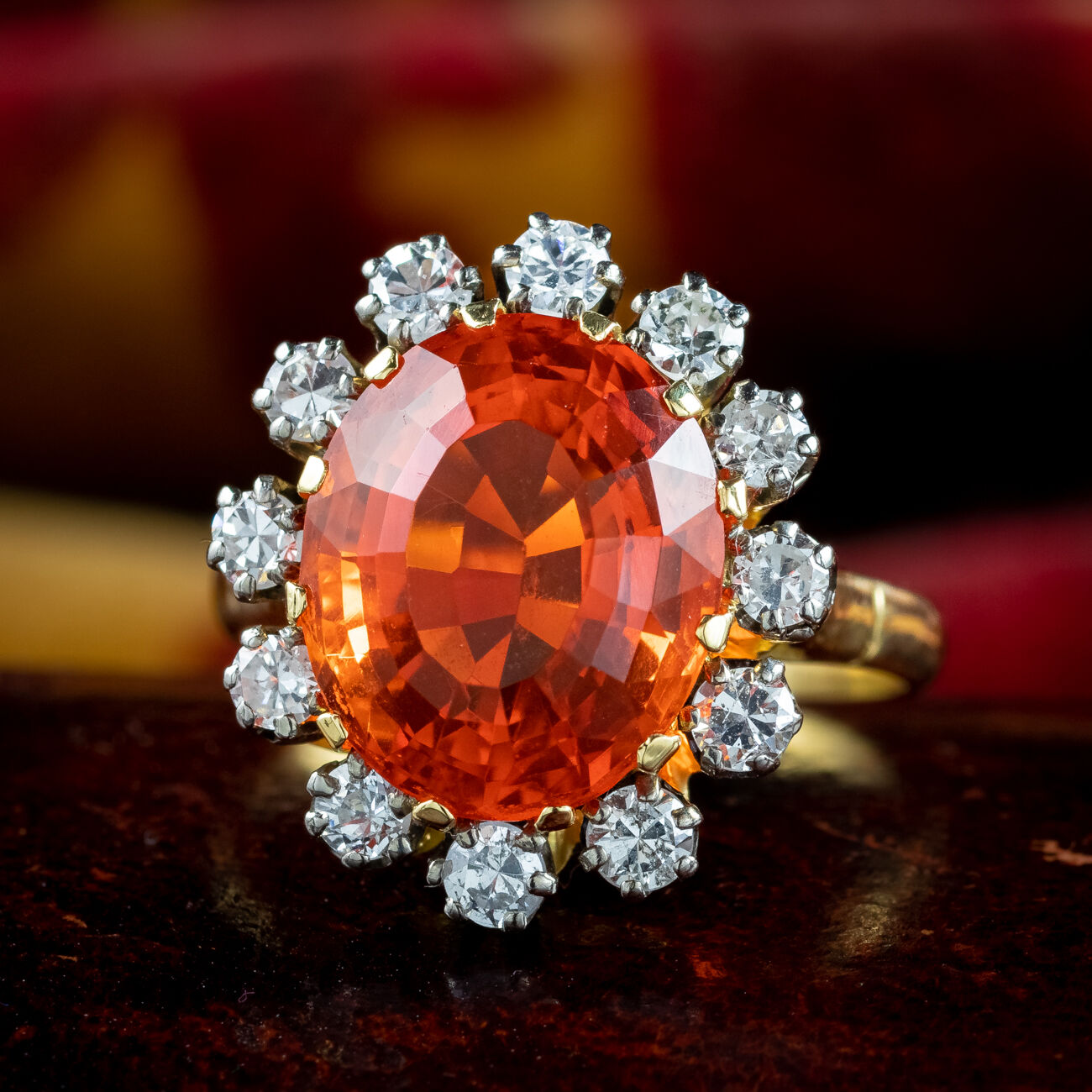 Vintage Fire Opal Diamond Cluster Ring 9.38ct Fire Opal