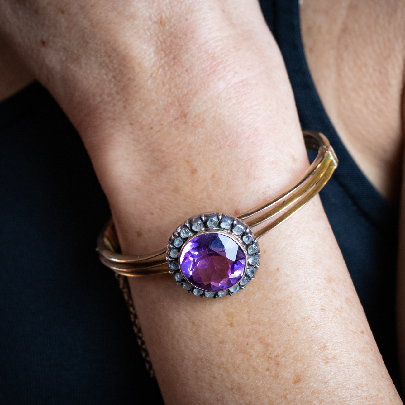Antique Victorian Amethyst Diamond Bangle 15ct Gold