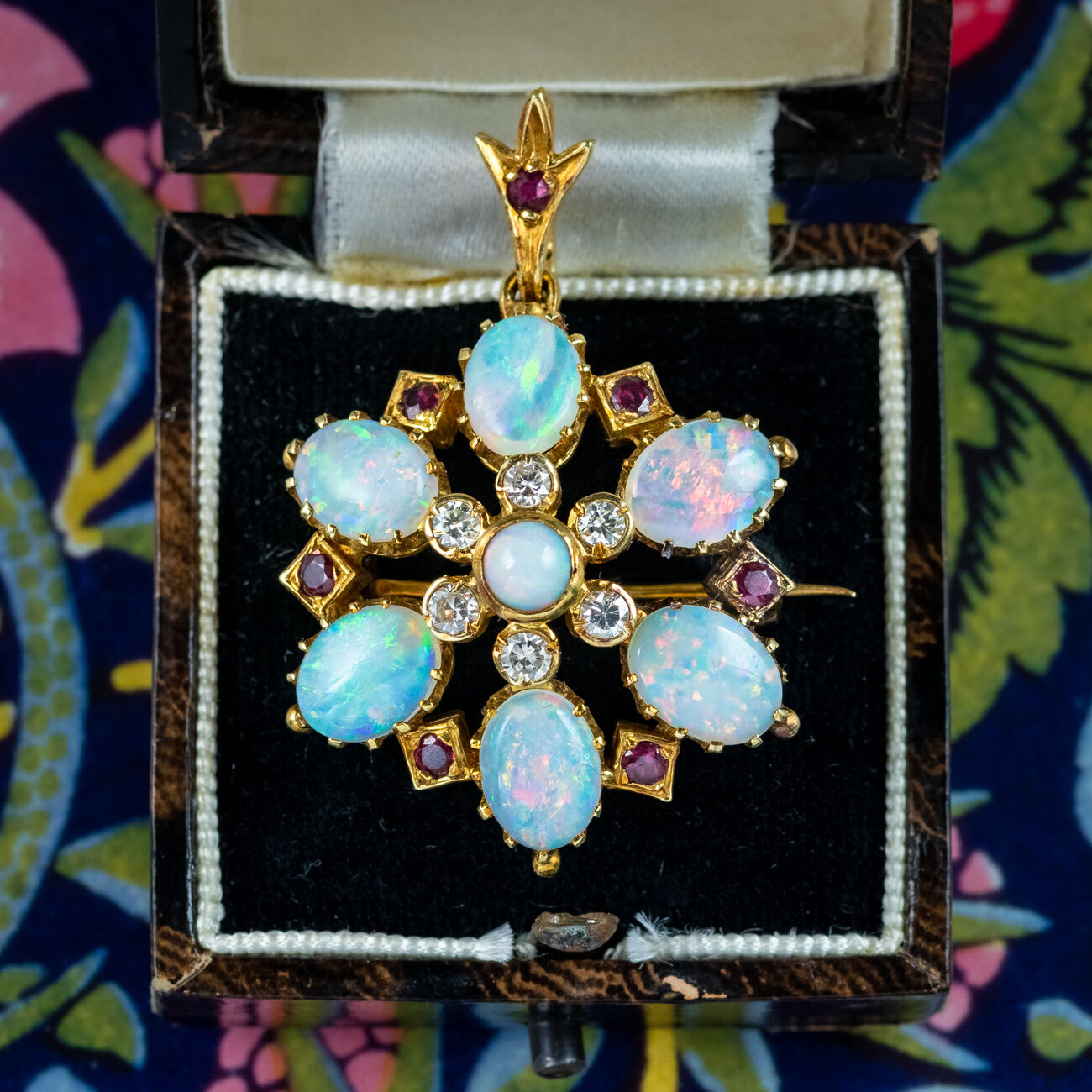 Antique Edwardian Opal Ruby Diamond Pendant Brooch 18ct Gold