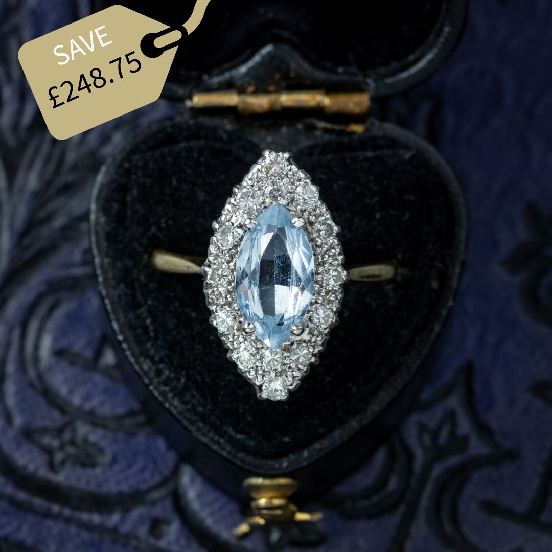 Antique Edwardian Aquamarine Diamond Navette Cluster Ring 1.4ct Aqua
