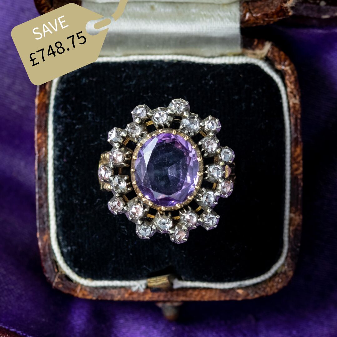 Antique Georgian Amethyst Diamond Cluster Ring 3ct Amethyst