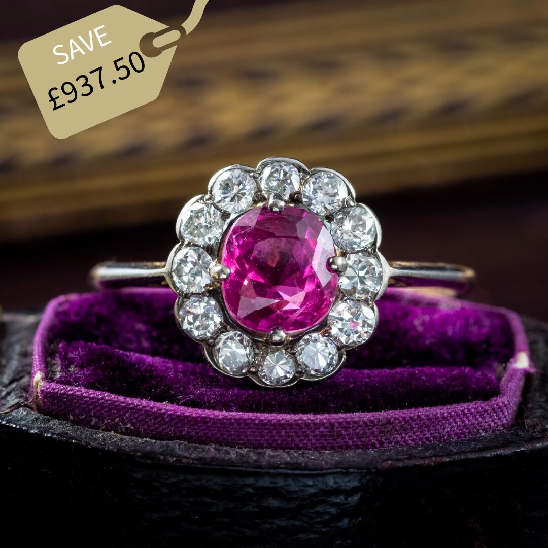 Antique Edwardian Sapphire Diamond Daisy Cluster Ring 0.80ct Pink Sapphire