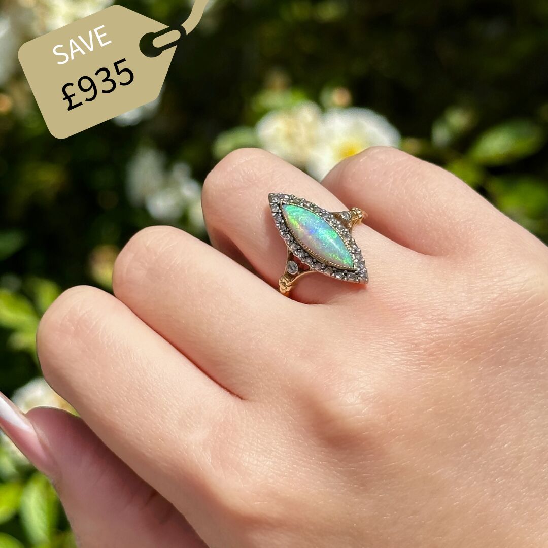 Antique Victorian French Opal Diamond Navette Ring 2.5ct Opal