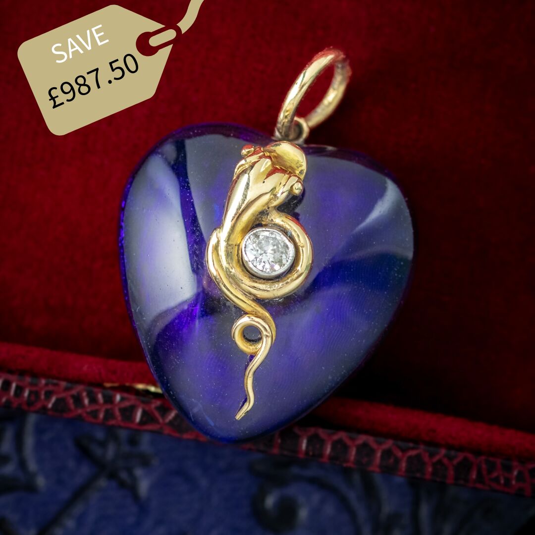 Antique Victorian Guilloche Enamel Heart Pendant Diamond Snake And Locket