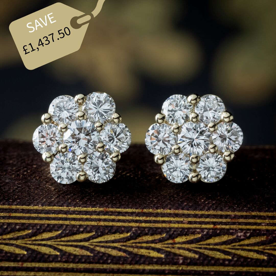 Edwardian Style Diamond Flower Cluster Stud Earrings 2.5ct Total
