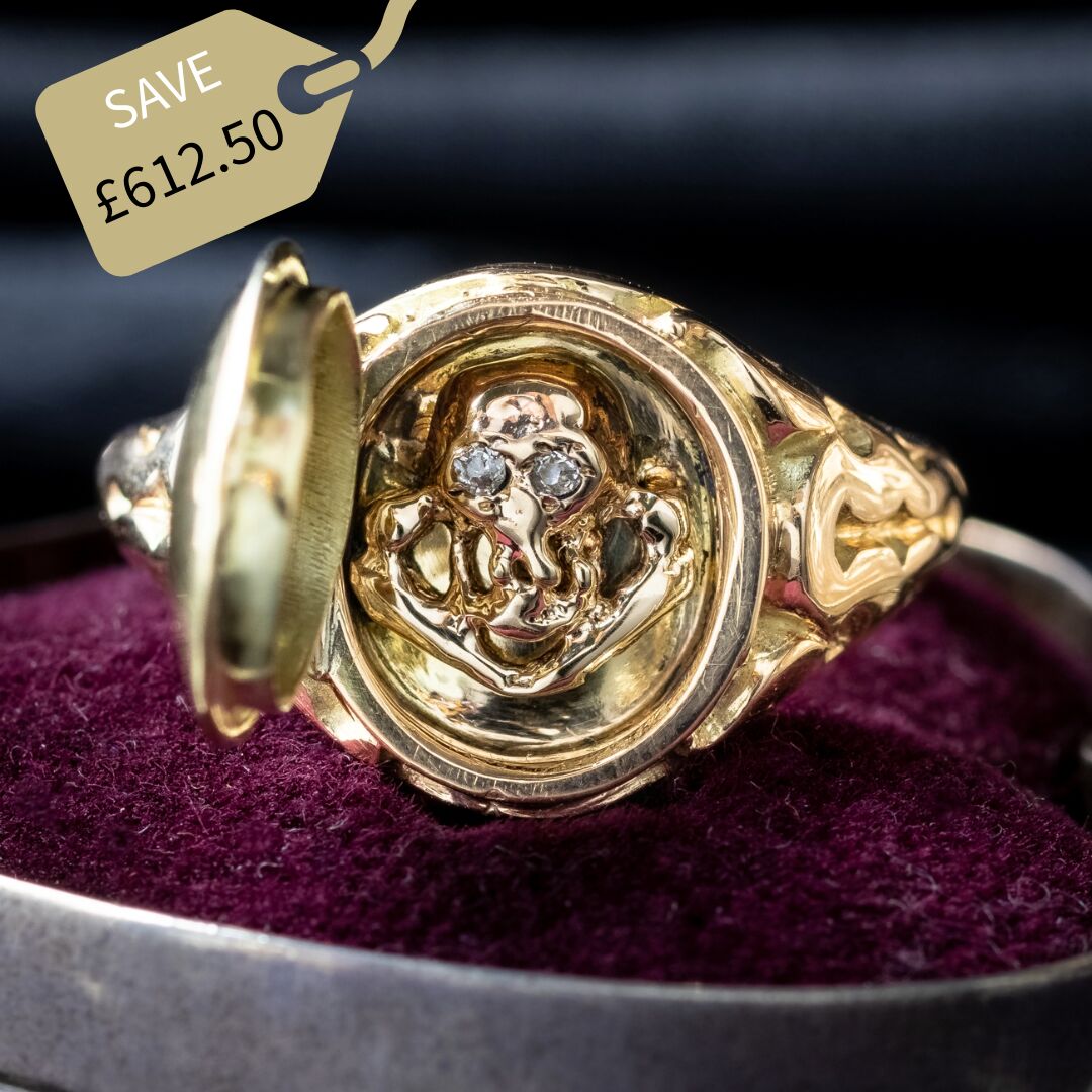 Georgian Style Memento Mori Locket Ring With Diamond Skull
