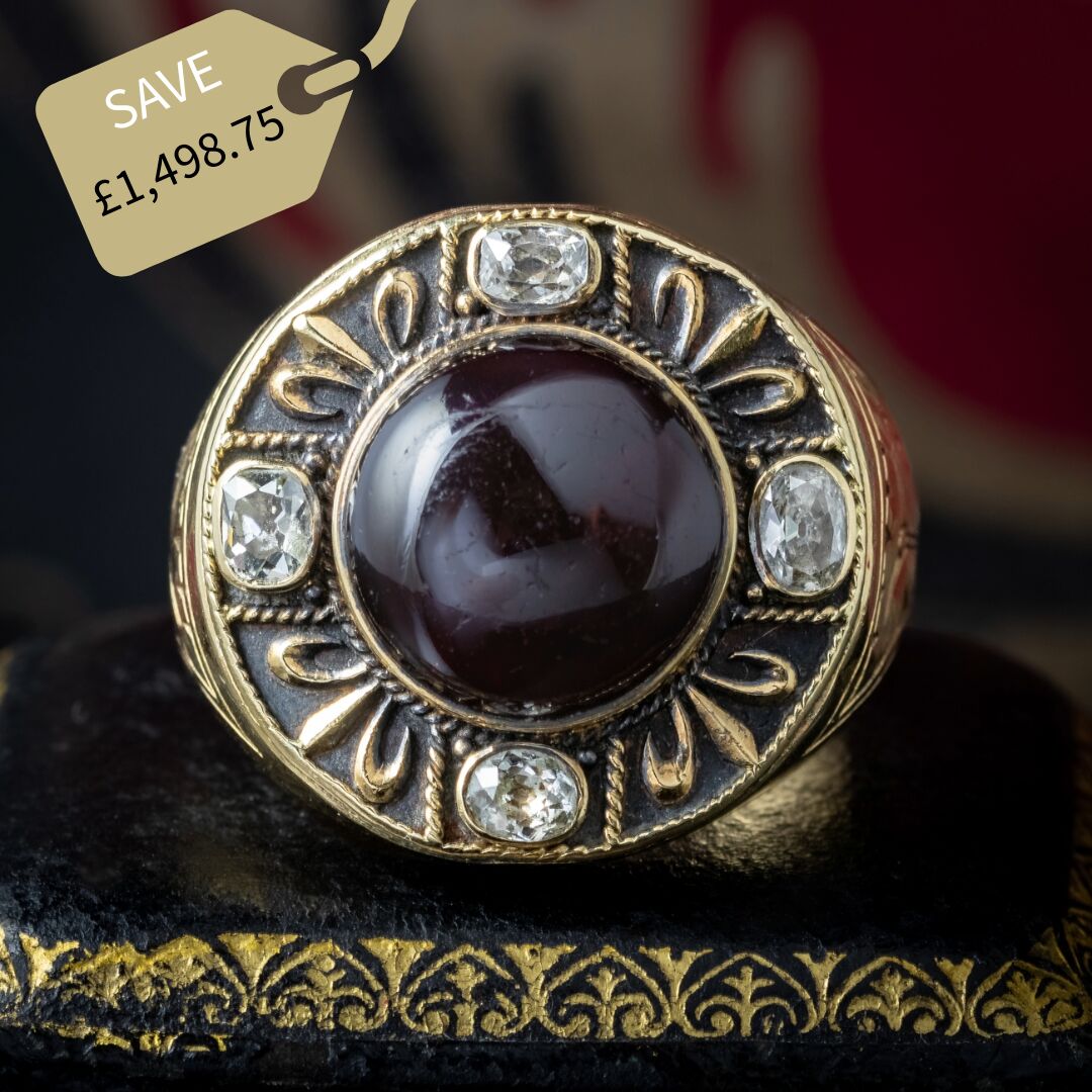Antique Victorian Mourning Bishop Ring Garnet Diamond Inscribed Abbot Leo 1888