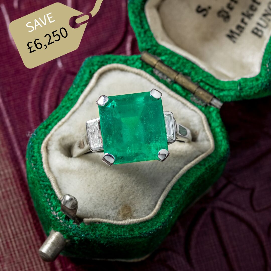 Art Deco Emerald Diamond Trilogy Ring 7.24ct Colombian Emerald With Cert