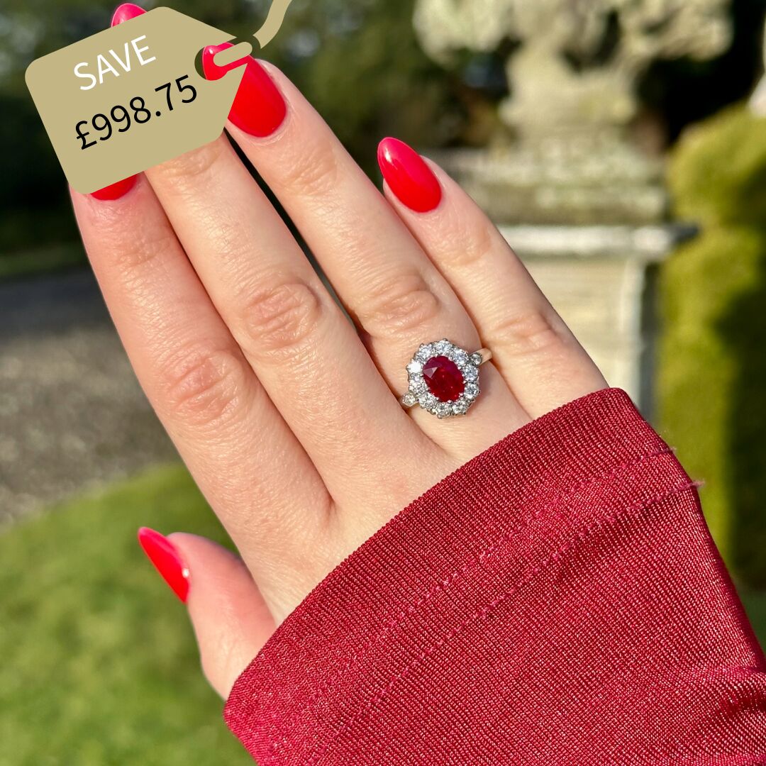 Edwardian Style Ruby Diamond Cluster Ring 1.5ct Ruby
