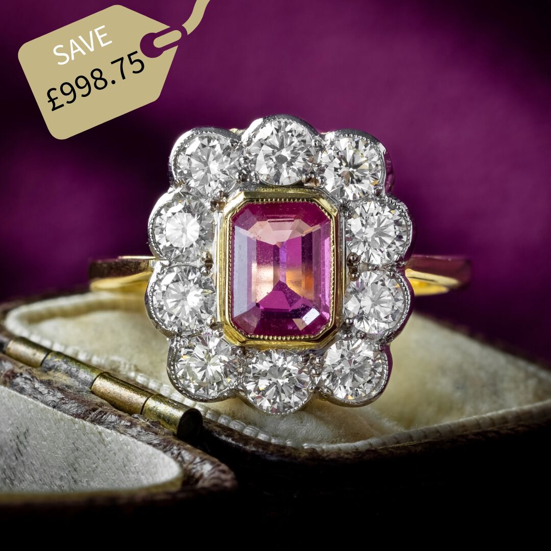 Art Deco Sapphire Diamond Cluster Ring 1.2ct Pink Sapphire