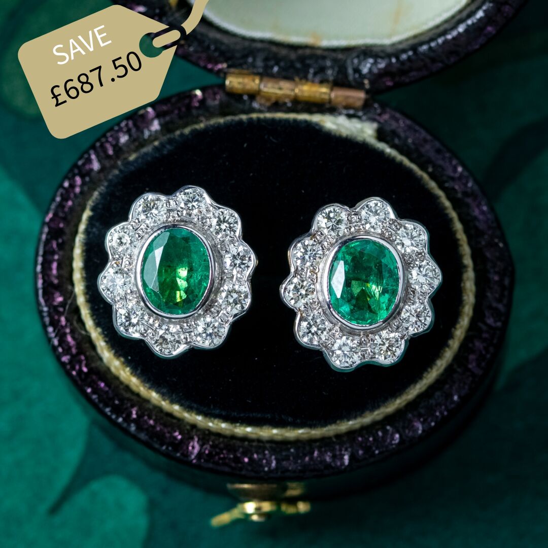 Edwardian Style Emerald Diamond Cluster Earrings 18ct Gold 0.60ct Emeralds