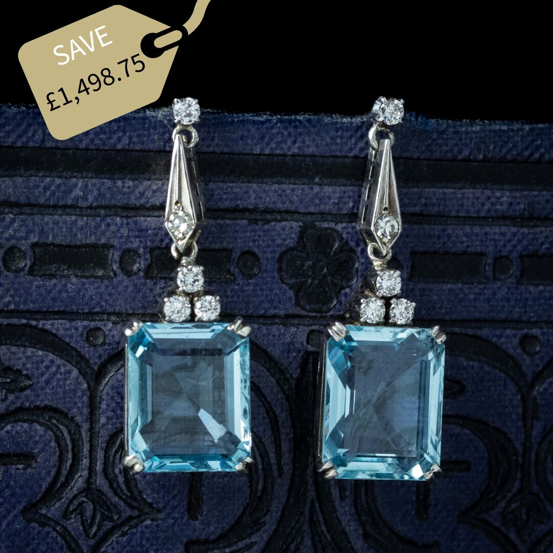 Art Deco Aquamarine Diamond Drop Earrings 18ct Gold 6.5ct Aquas